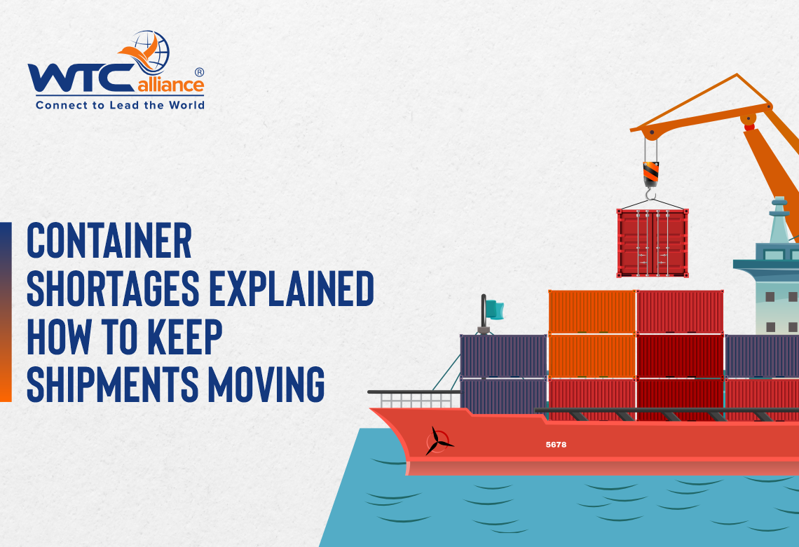 An illustrated banner featuring the WTCalliance logo and the text 'Container Shortages Explained – How to Keep Shipments Moving.' The image depicts a cargo ship at sea being loaded with shipping containers by a crane, emphasizing logistics and supply chain management.